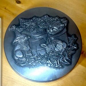 METZKE Vintage Pewter 6 Inch Round Cookie Tin Bunnies Collectible Decor Trinket
